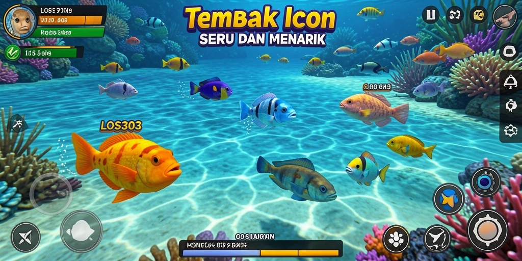 Tangkapan layar gameplay seru dari LOS303, menampilkan momen menembak ikan.