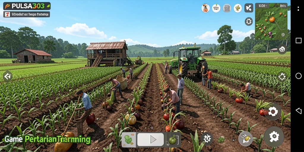 Tampilan utama gameplay PULSA303 yang menampilkan aktivitas bertani.